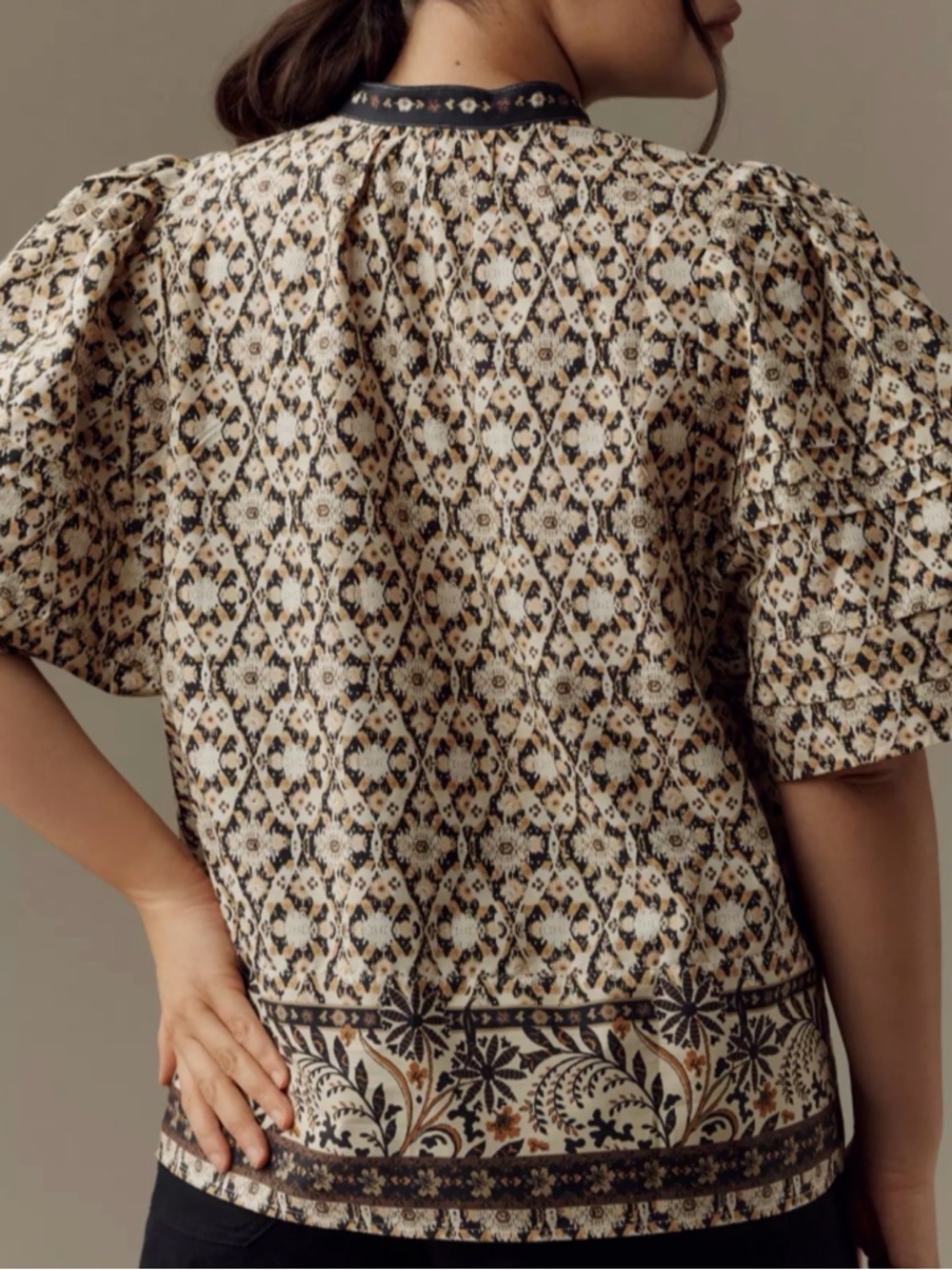 NWOT Anthropologie Lace-Up Floral Peasant Top in Cream, Black and Tan Size L - Picture 2 of 7